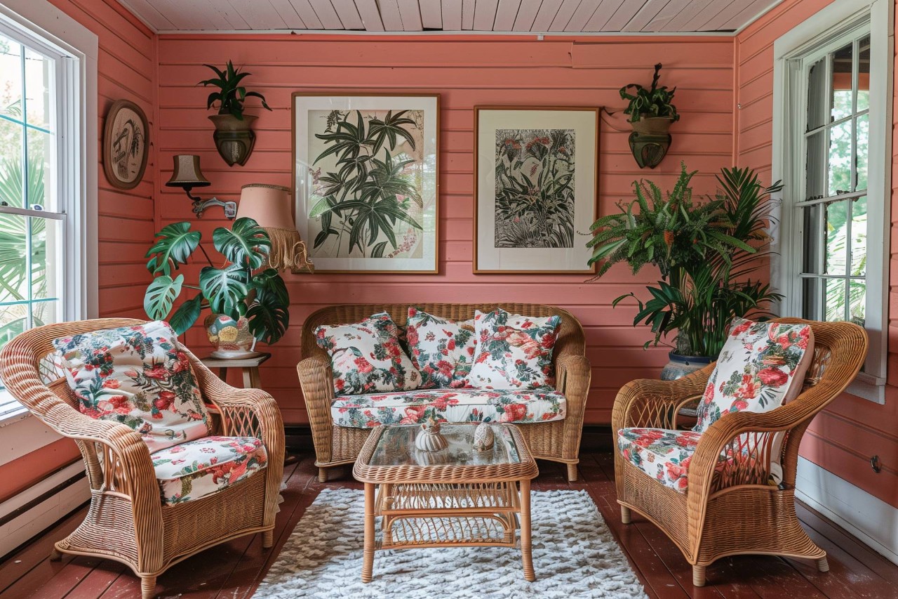 A sunroom with wicker furniture, plants, and other nature-inspired decor at Blind & Shutter Gallery Florida near Cape Coral, FL