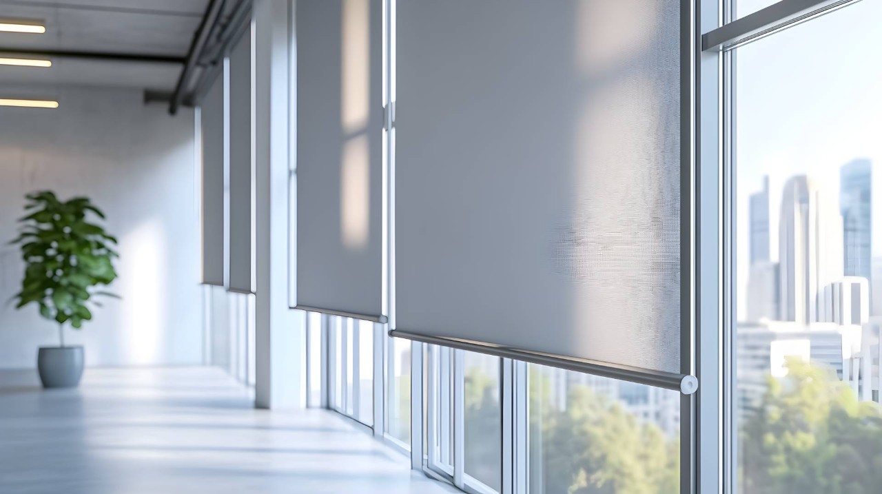 Shades in an office space with a city skyline view at Blind & Shutter Gallery Cape Coral near Cape Coral, Florida (FL)