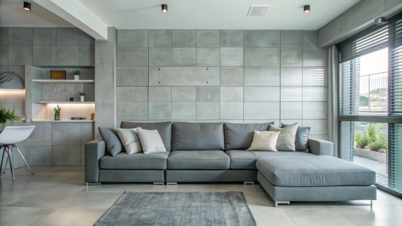 A modern minimalist living room with grey blinds and furniture at Blind & Shutter Gallery Cape Coral near Cape Coral, Florida (FL)